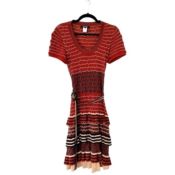 NANETTE LEPORE Striped 100% Cotton Knit Ruffled Belted Mini Dress Size M - Picture 2 of 6